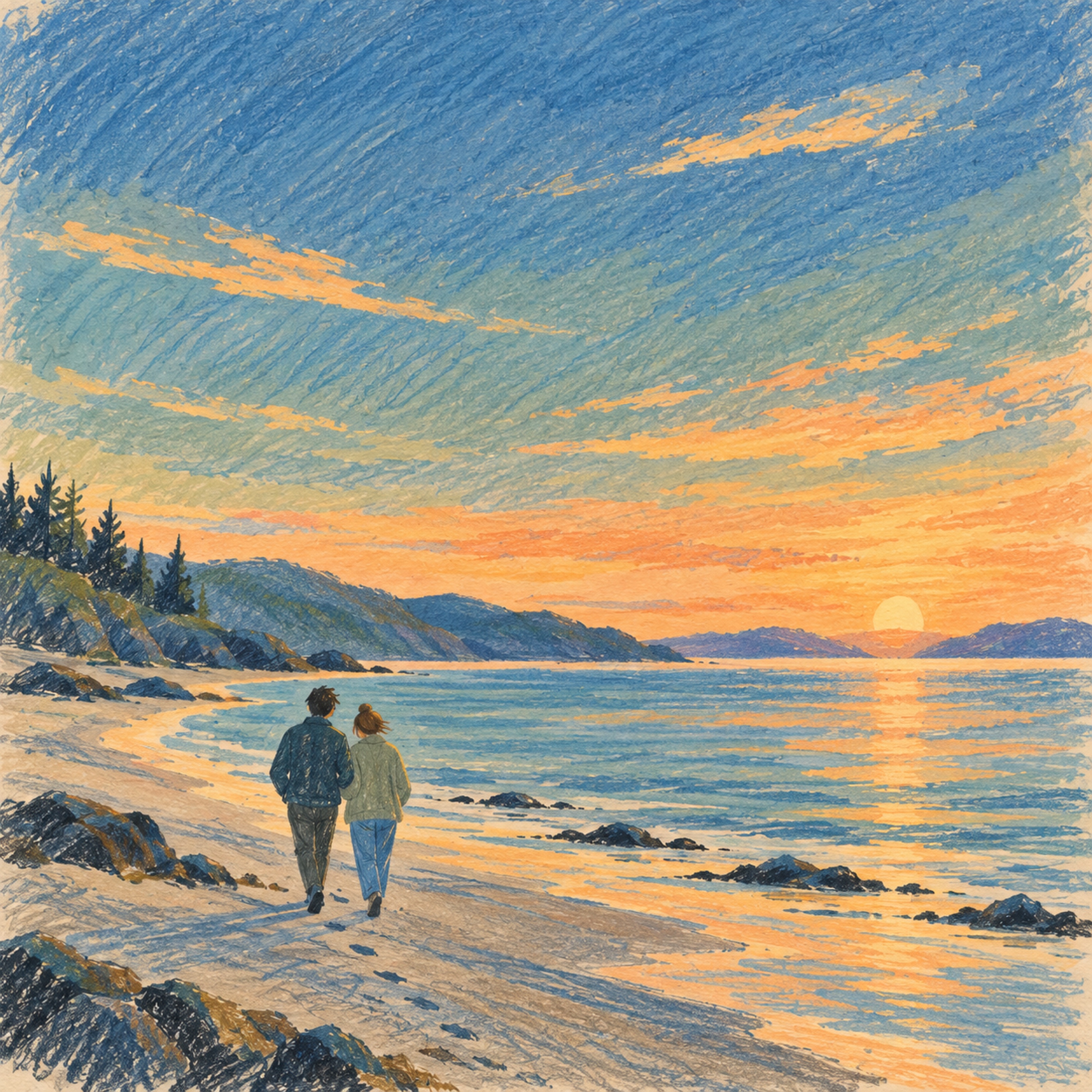 A painted sunset over the sea, with two people looking toward the horizon together